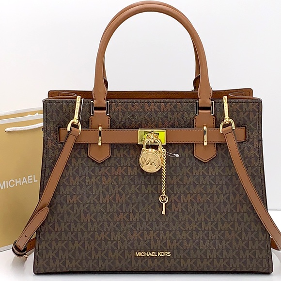Michael Kors Hamilton Med Satchel Shoulder Crossbody Bag Luggage/Brown Signature - Picture 3 of 16